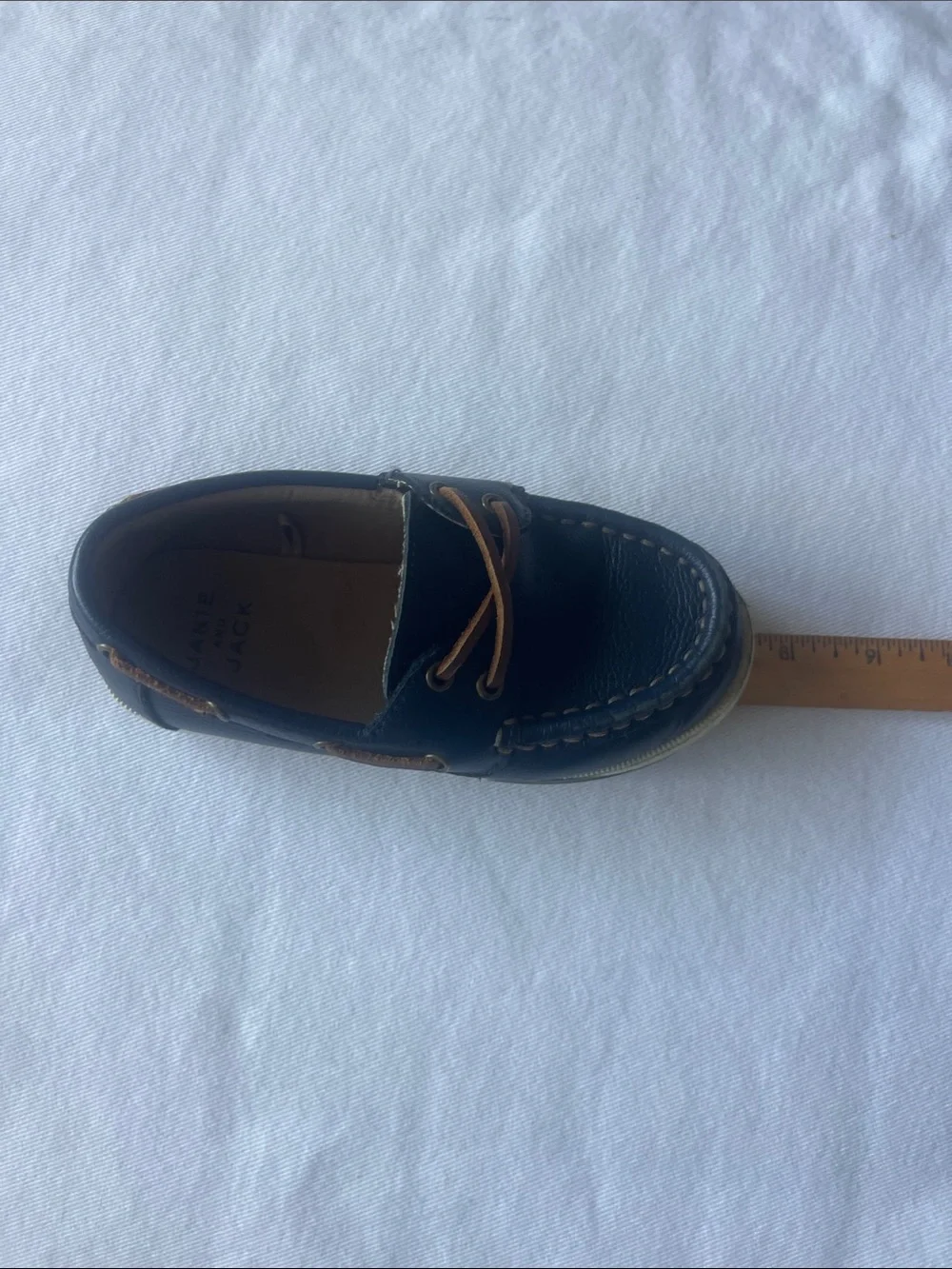 Janie and Jack Boys size 10 Navy Leather Toddler  Boat Shoes with Tan Laces